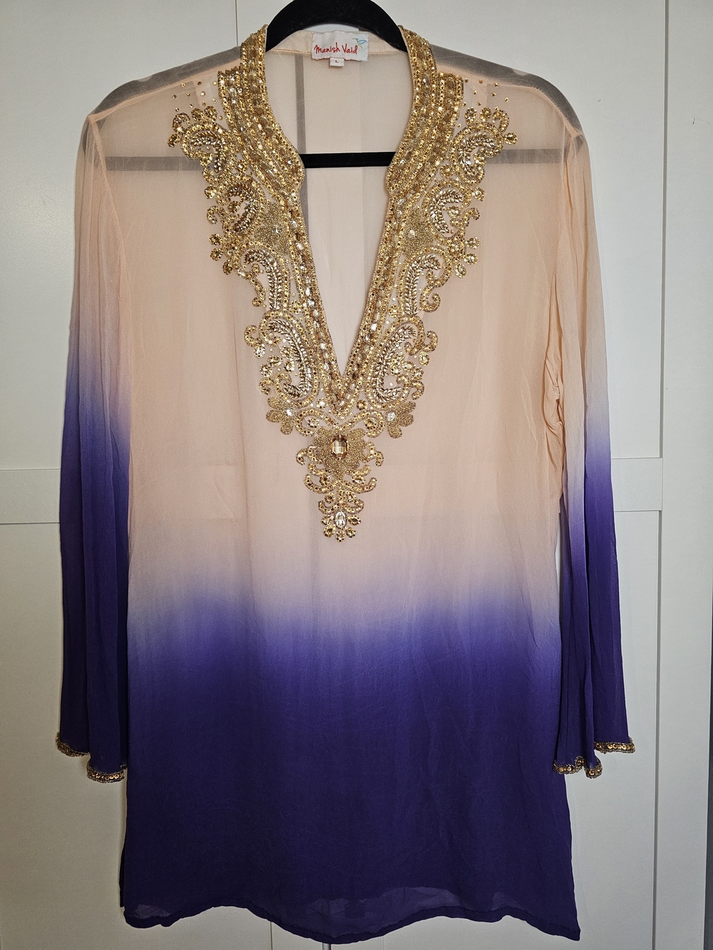 Manish Vaid Beaded Ombre Tunic Top Chiffon Blouse Purple Peach Size L